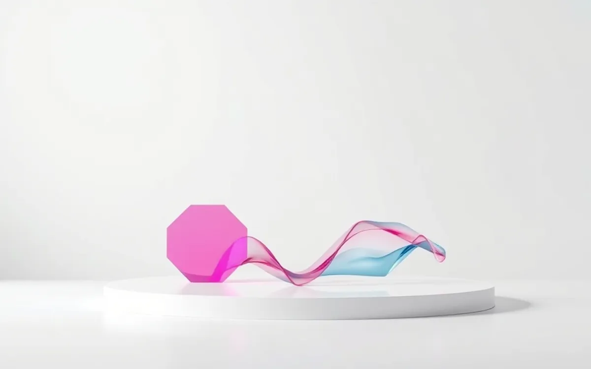 Um prisma hexagonal rosa e uma onda de vidro azul e rosa em base branca.