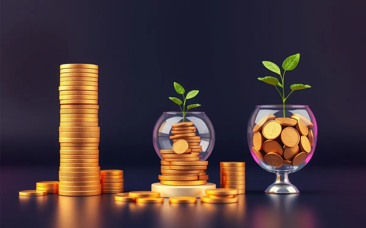 Moedas douradas empilhadas e plantas verdes crescendo em vasos de vidro sobre fundo escuro.