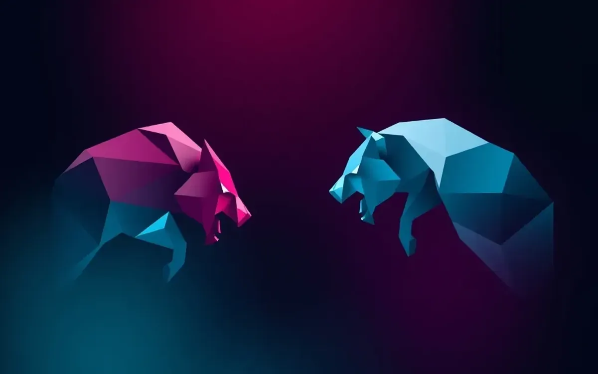 Dois animais geométricos, um rosa e um azul, encarando-se em fundo escuro.