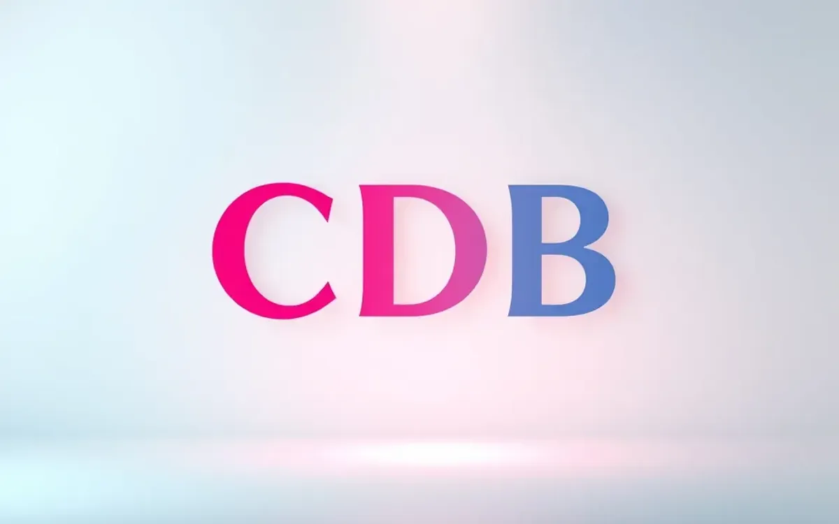 Letras C e D em rosa e B em azul sobre fundo branco e azul.