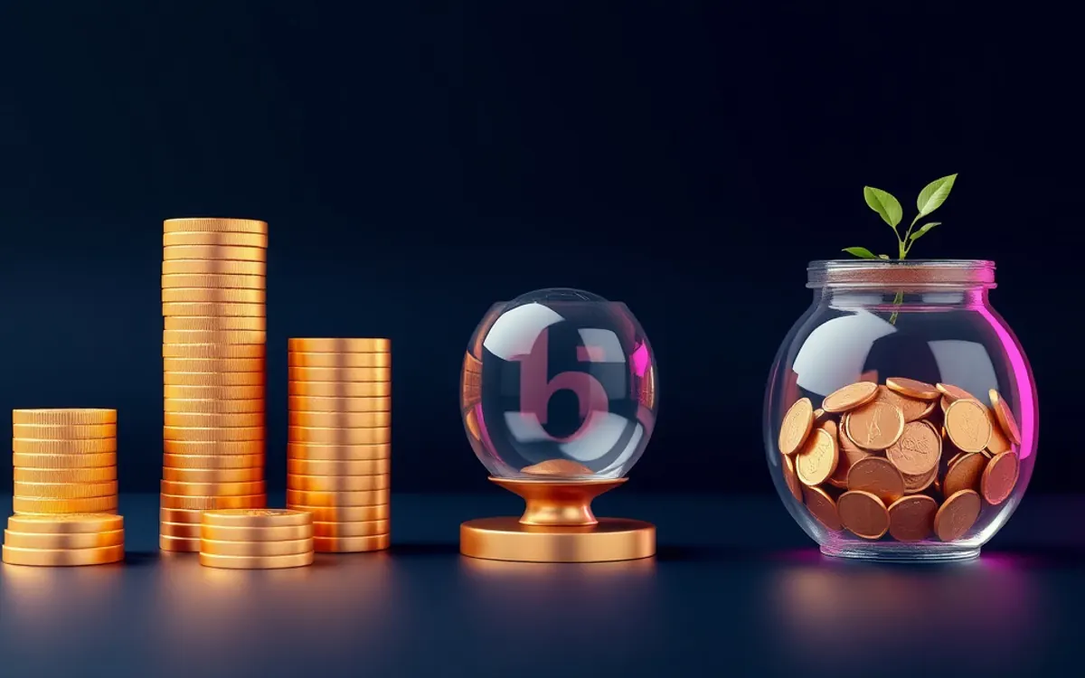 pilhas de moedas douradas, símbolo de euro em vidro e planta crescendo em pote