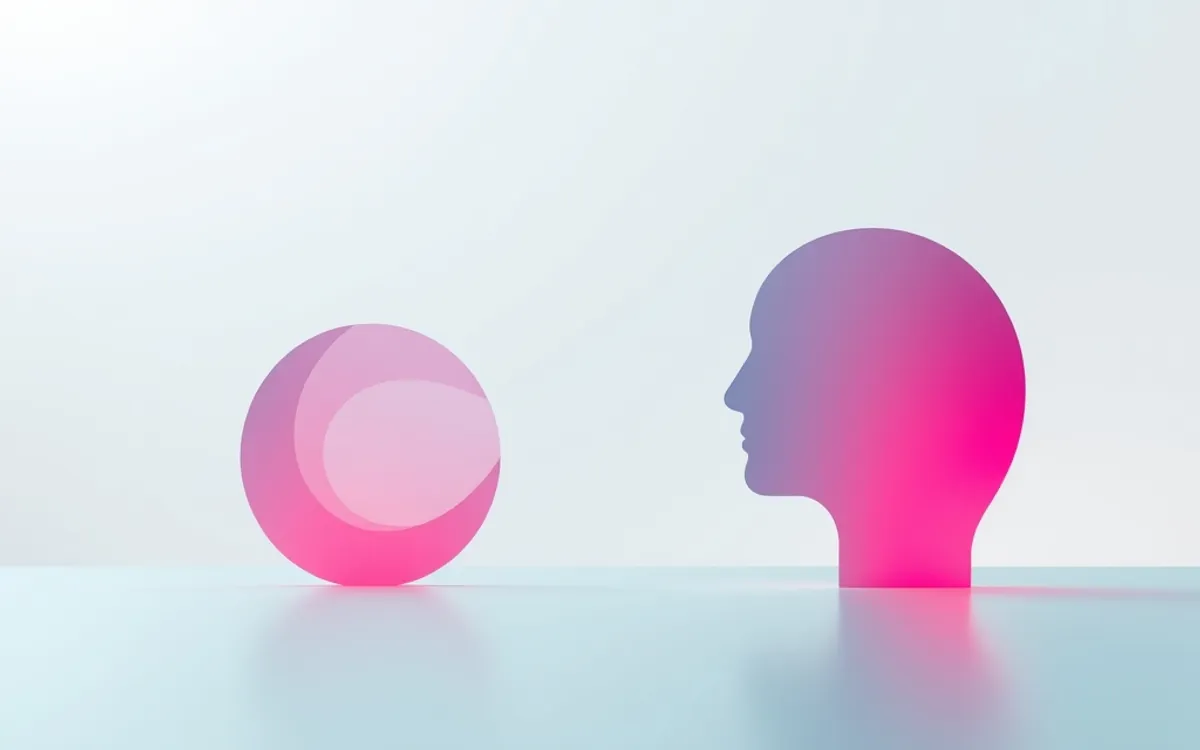 Esfera rosa e silhueta de cabeça humana em tons de rosa sobre fundo claro.