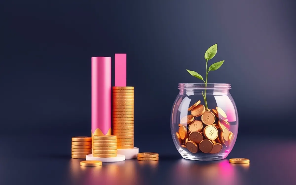 moedas douradas em pilhas rosa e vidro com planta verde