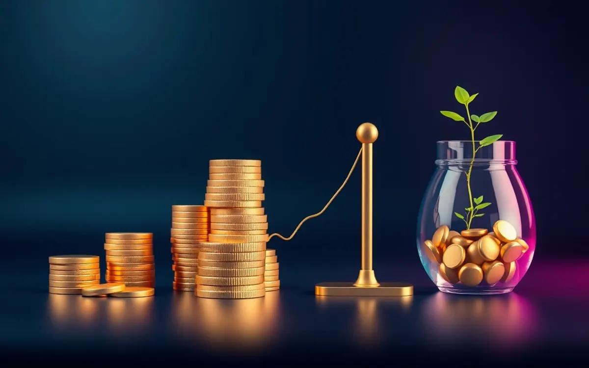 Imagem de um artigo de finanças pessoais sobre gastos fixos, com moedas e uma planta em um vaso.