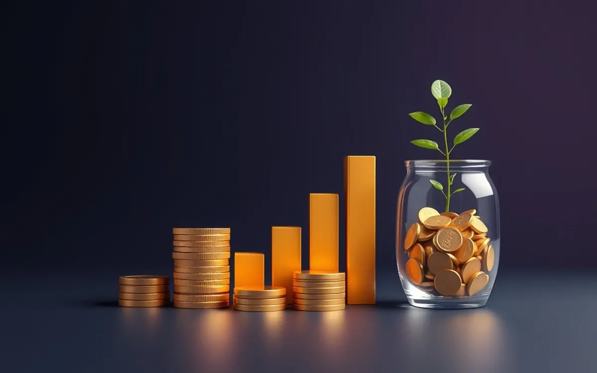 Imagem de um artigo de finanças pessoais sobre gastos variáveis, com moedas e plantas.