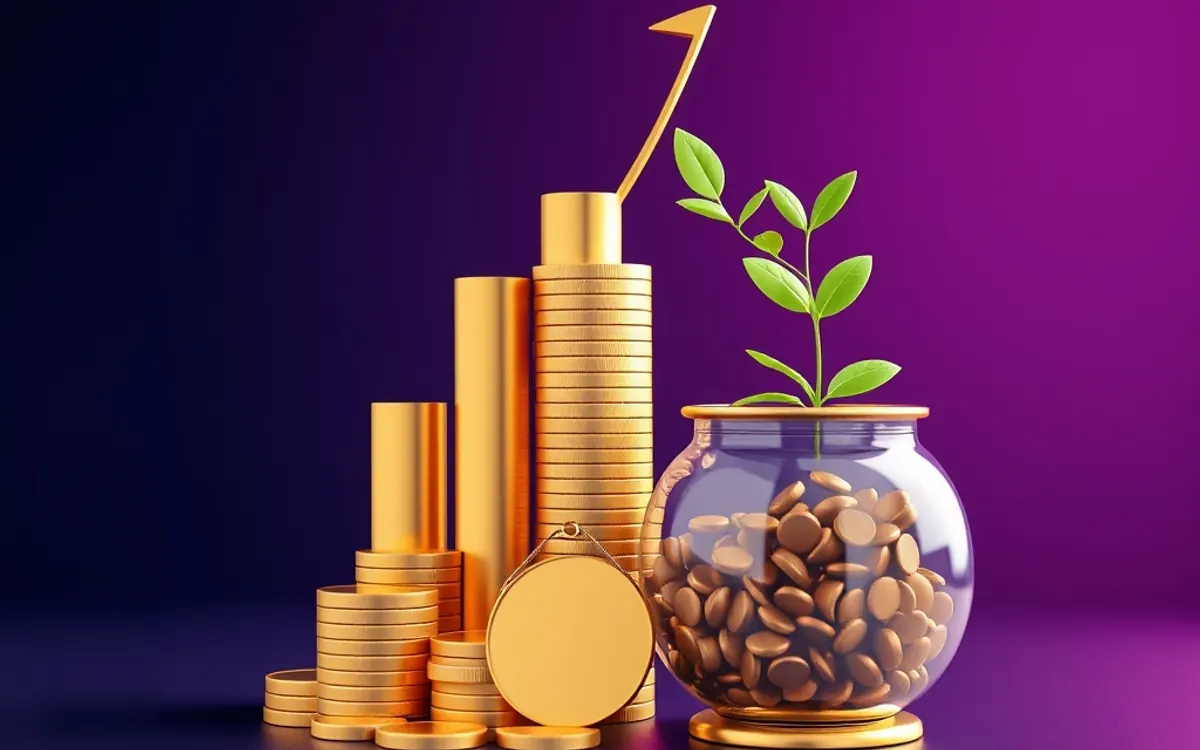 Moedas douradas empilhadas, planta verde e gráfico ascendente sobre fundo roxo e azul escuro.