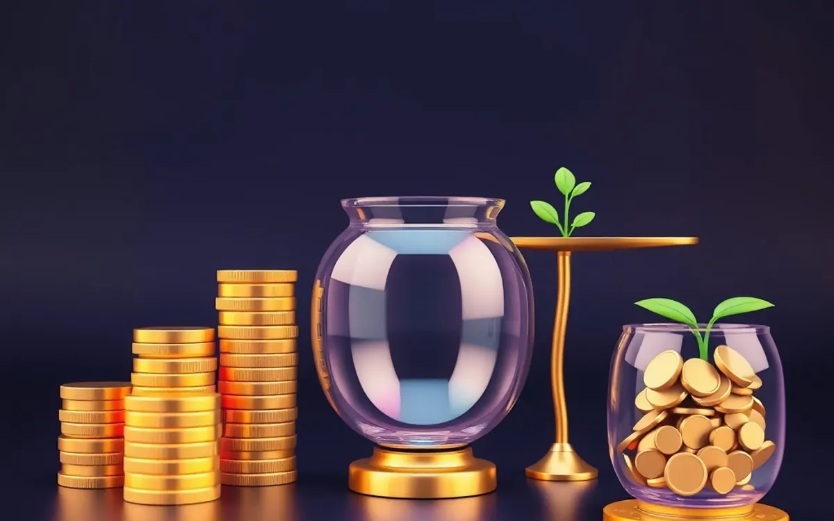 Moedas douradas empilhadas e vasos com plantas verdes sobre fundo escuro.