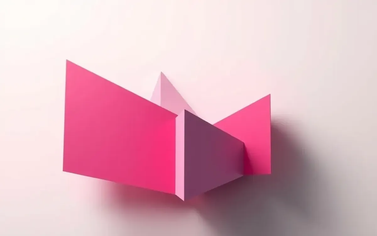 Três formas geométricas triangulares dobradas em tons de rosa sobre fundo claro.