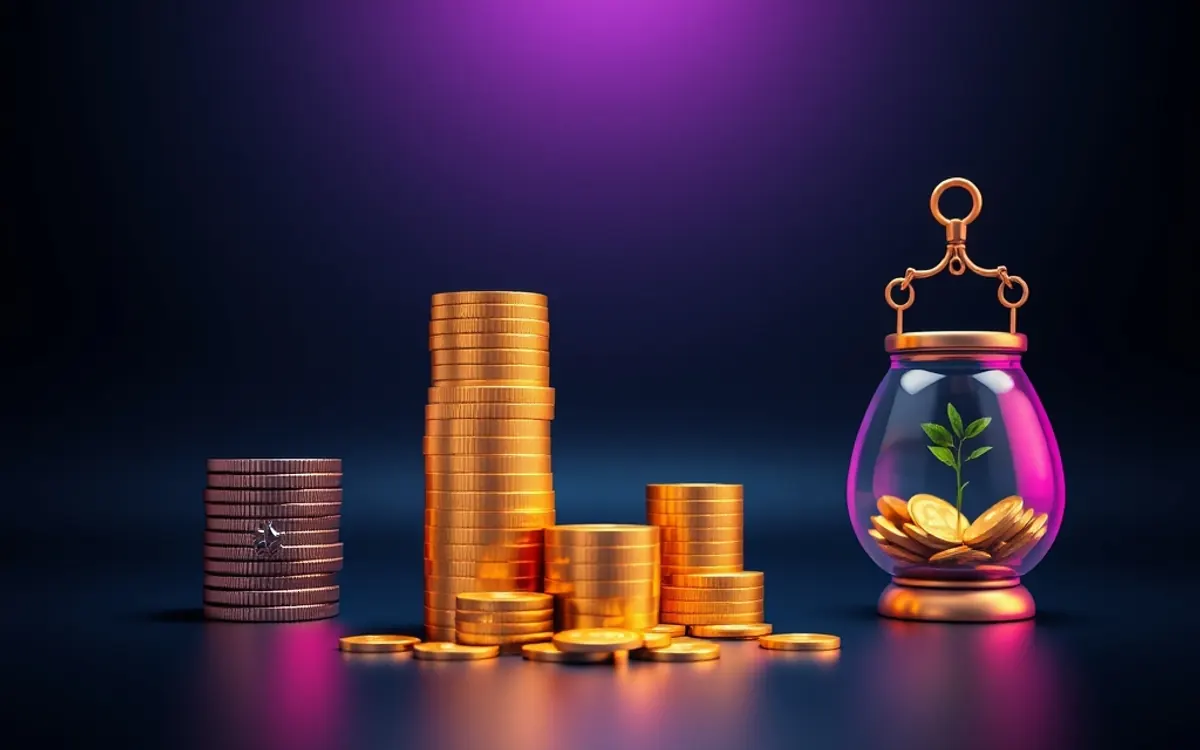Moedas douradas empilhadas e vaso com planta sobre fundo roxo escuro.