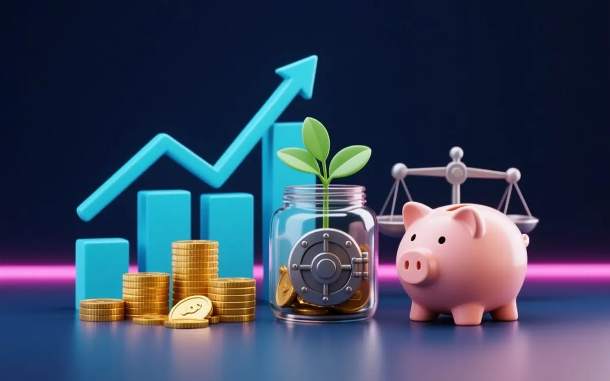 Moedas douradas, gráfico azul, cofre com planta e porquinho da economia rosa.