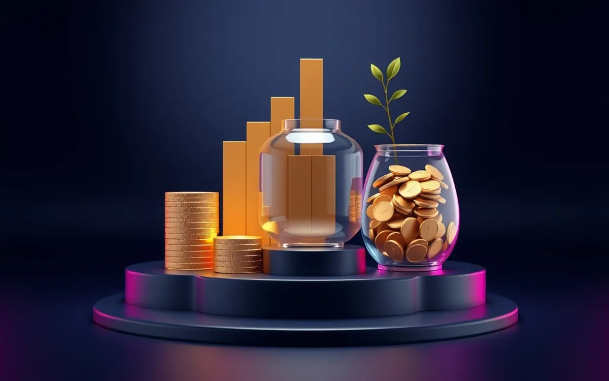 Moedas douradas, barras e planta em pedestal escuro com iluminação roxa.