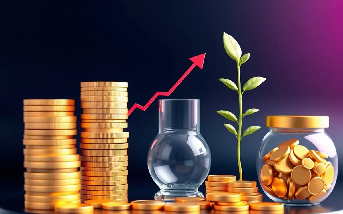 Pilhas de moedas douradas, vaso vazio, planta verde e frasco de ouro com gráfico ascendente.