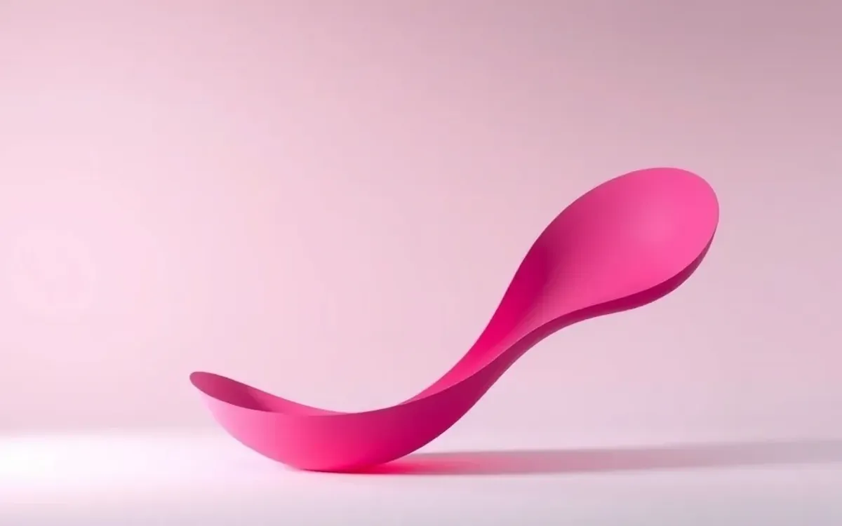 Colher de plástico rosa em formato sinuoso sobre fundo rosa claro.