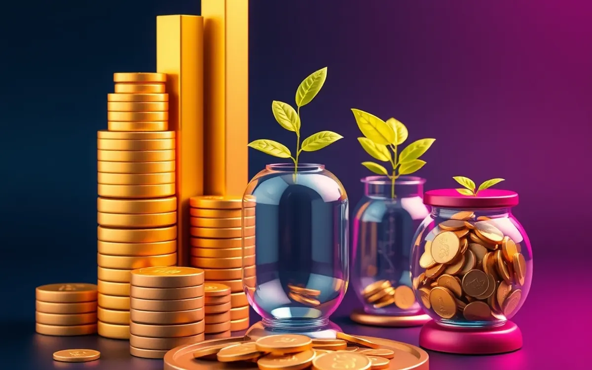 Moedas douradas empilhadas e potes de vidro com mudas verdes sobre fundo gradiente roxo e azul.