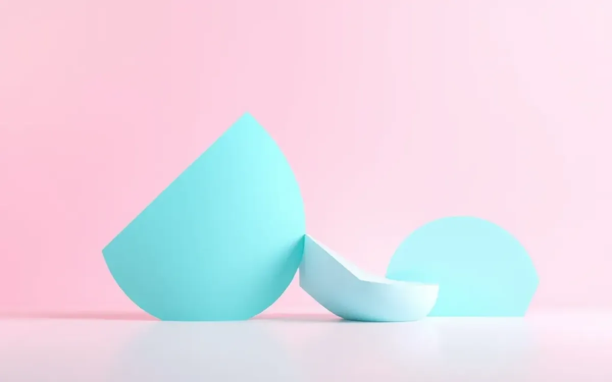 Três formas geométricas azuis em um fundo rosa claro.