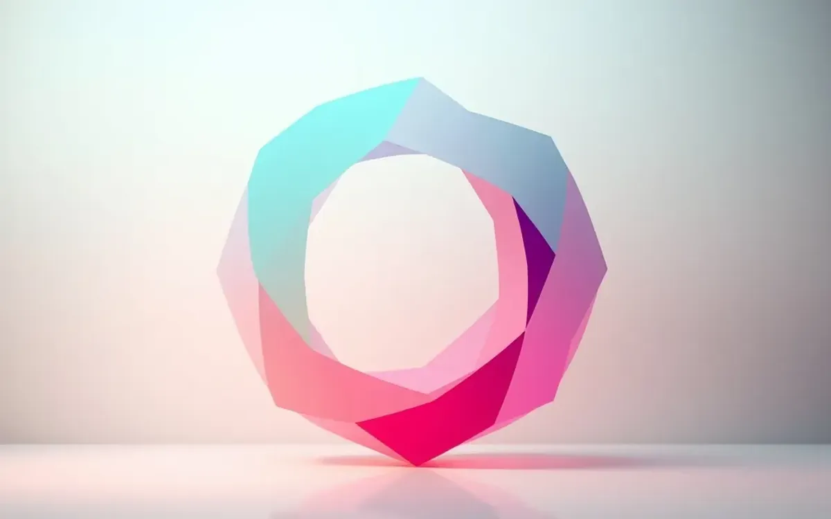 Um objeto geométrico colorido em forma de anel sobre fundo degradê.