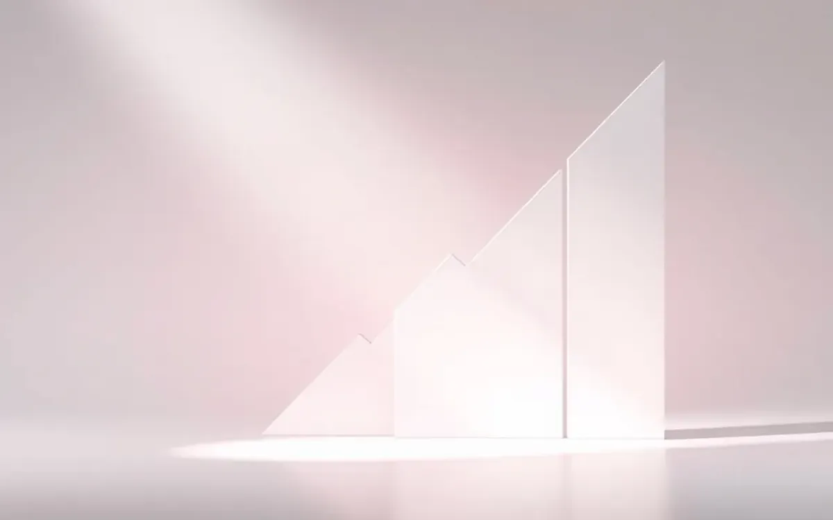 Três formas brancas triangulares em um piso branco com luz rosa.