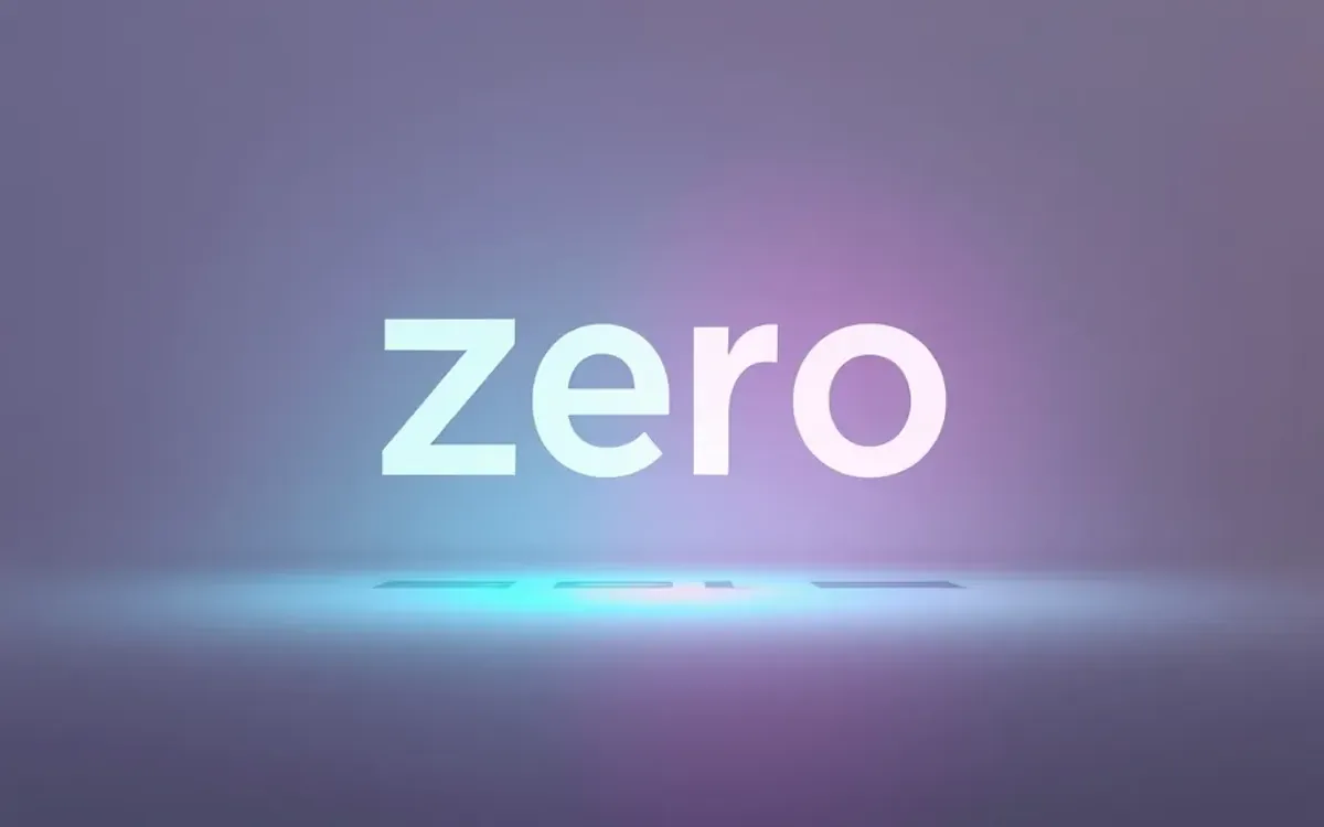 Plano de fundo roxo com a palavra zero em destaque e luz azul.