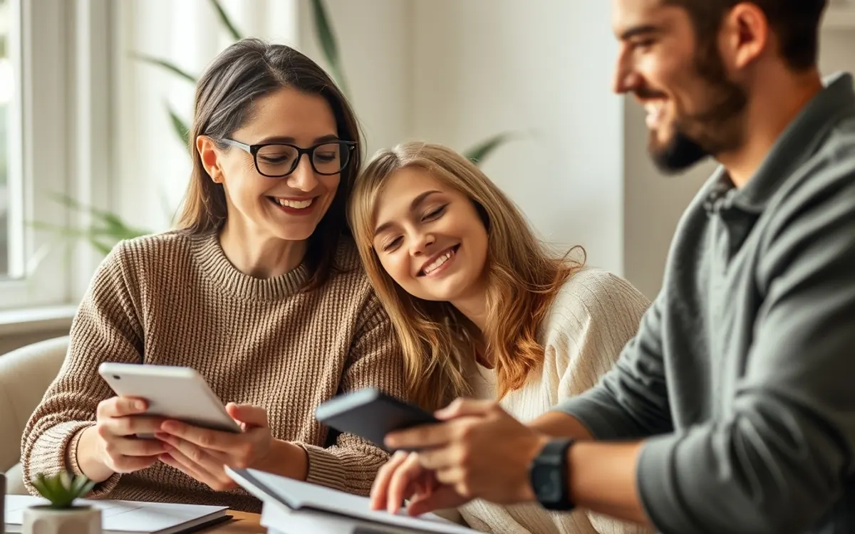 Família sorridente usando smartphones e tablet em mesa com cadernos e planta.