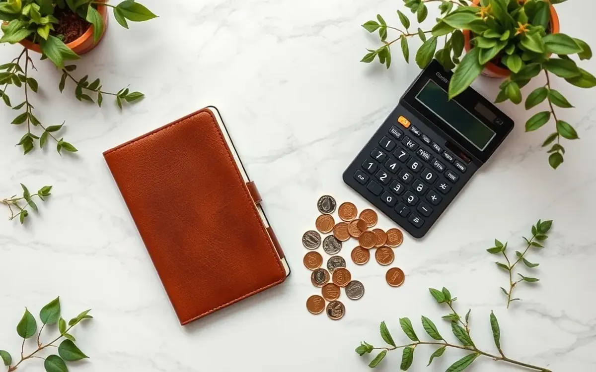 Caderno de couro marrom, calculadora preta e moedas sobre fundo de mármore branco com plantas.