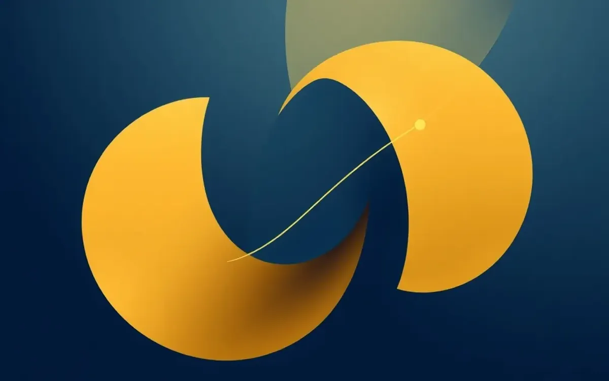 Ilustração com formas geométricas em tons de azul e amarelo.