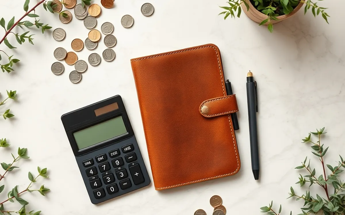 Calculadora, caderno de couro marrom, caneta preta, moedas e plantas sobre superfície branca.