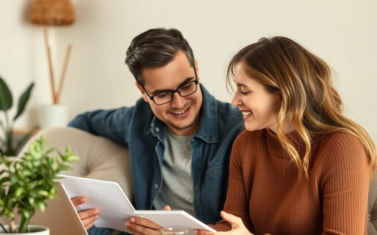 Casal sorridente em sofá, analisando documentos e tablet, com planta verde ao lado.