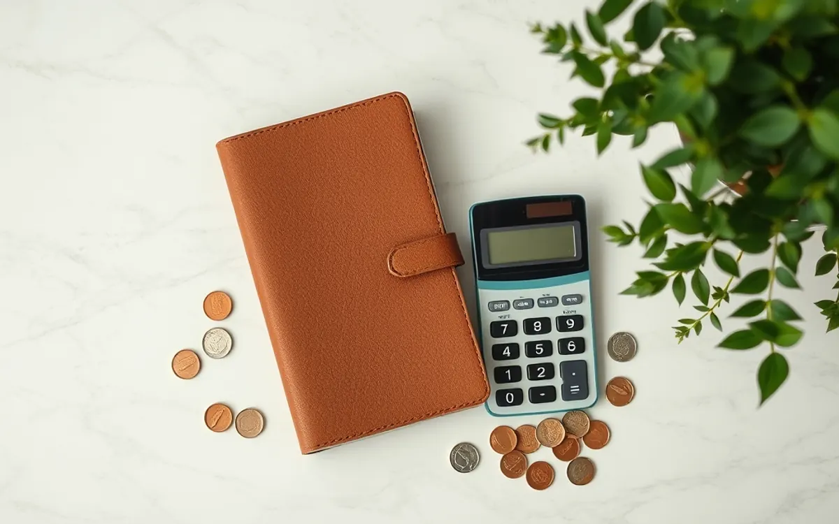 Capa de couro marrom, calculadora azul e moedas sobre fundo branco com planta.