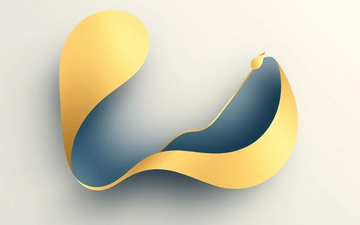 Formas abstratas onduladas em amarelo e azul sobre fundo branco.