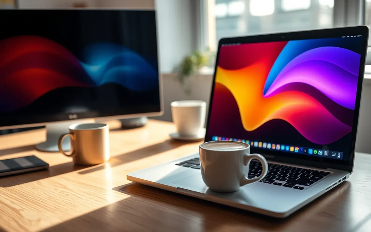 Móveis de madeira com computador, laptop e canecas em ambiente com iluminação natural.
