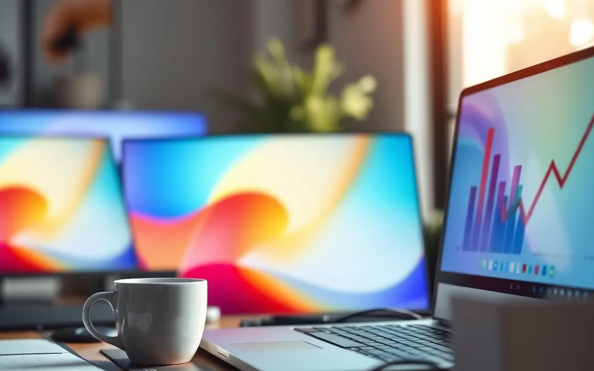 Notebook com gráfico de barras e xícara de café em mesa de escritório.