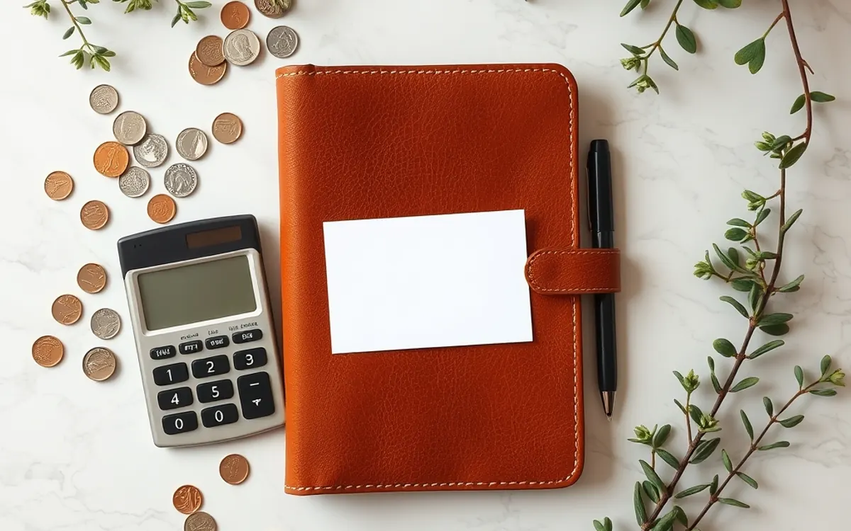 Caderno marrom, calculadora, moedas e caneta sobre fundo branco com folhas verdes.