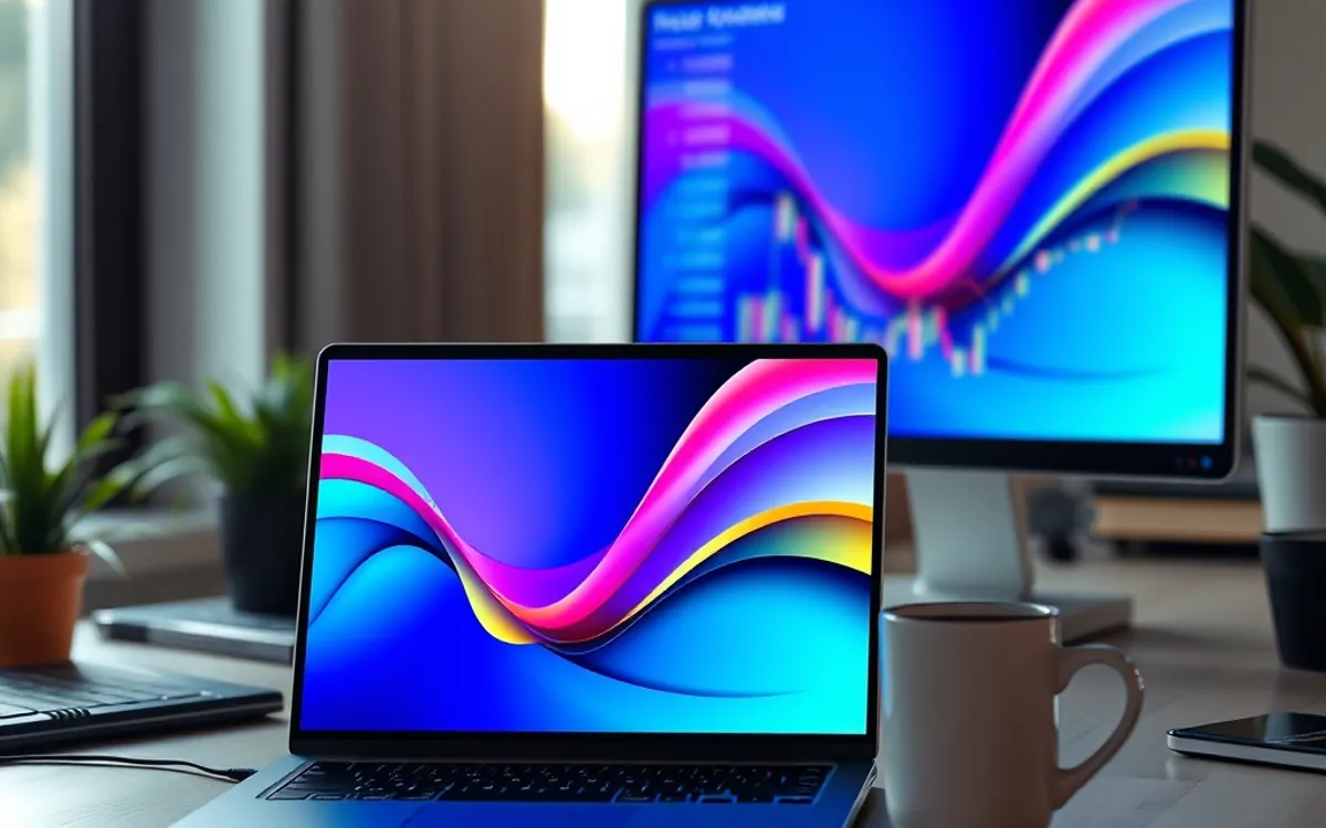 Notebook e monitor com gráficos coloridos, xícara de café e plantas em mesa.