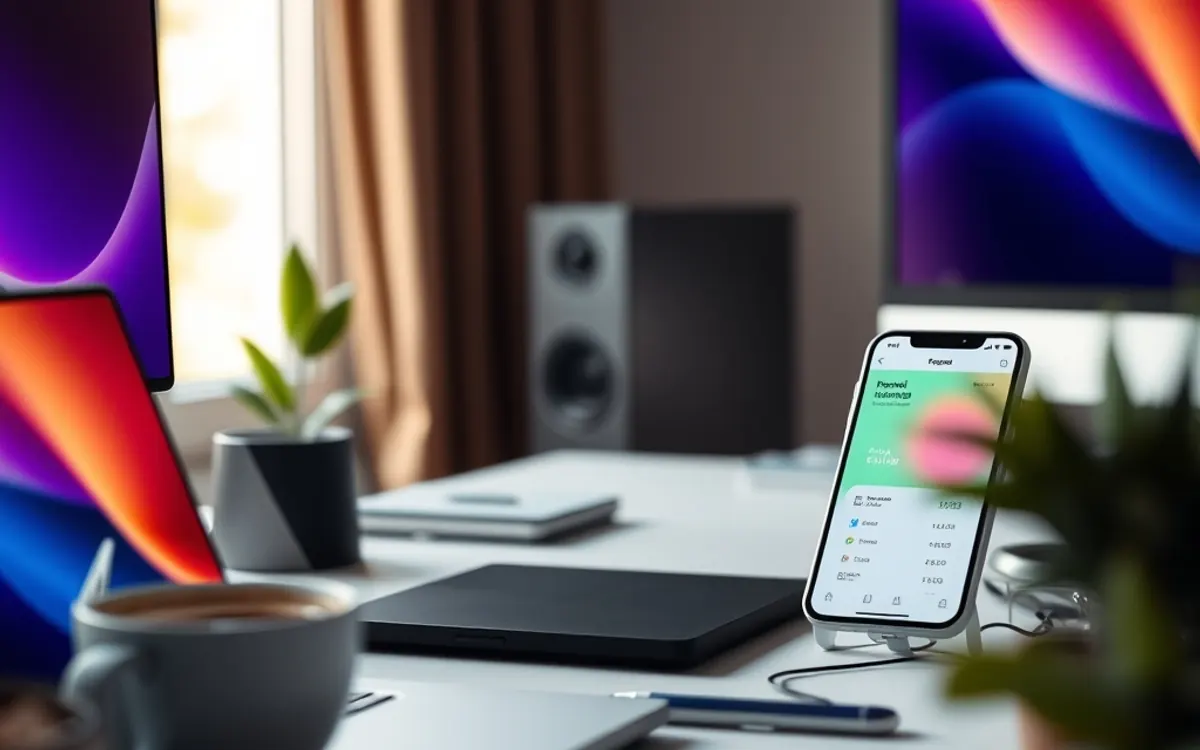 Smartphone exibe app financeiro em mesa com café, laptop e monitor colorido.