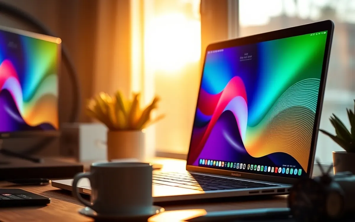 Notebook aberto com tela colorida, xícara de café e calculadora em mesa de madeira.