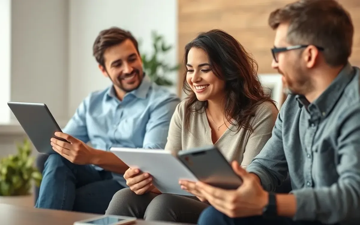 Três pessoas sentadas em um sofá com tablets nas mãos em um ambiente claro.