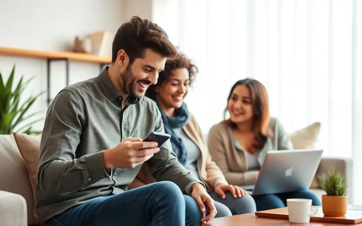 Homem sorri com celular na mão sentado com duas mulheres no sofá.