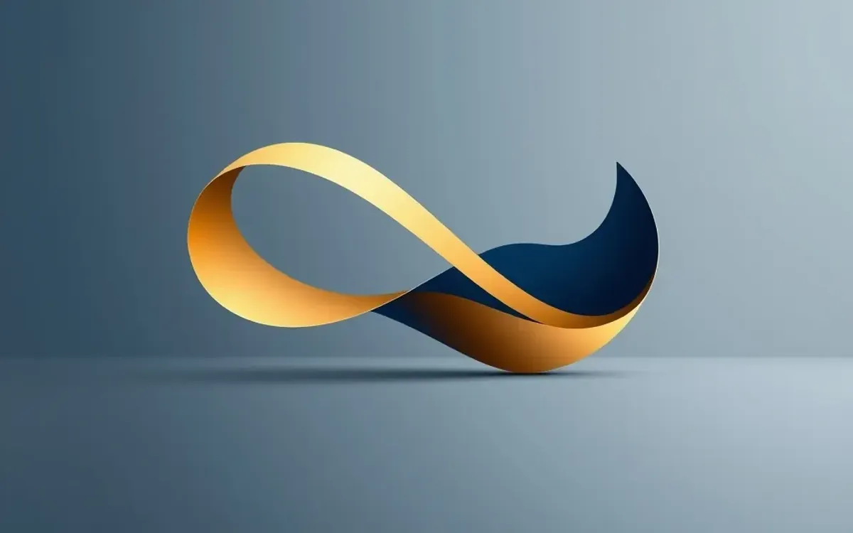 Um símbolo de infinito dourado e azul em um fundo cinza claro.