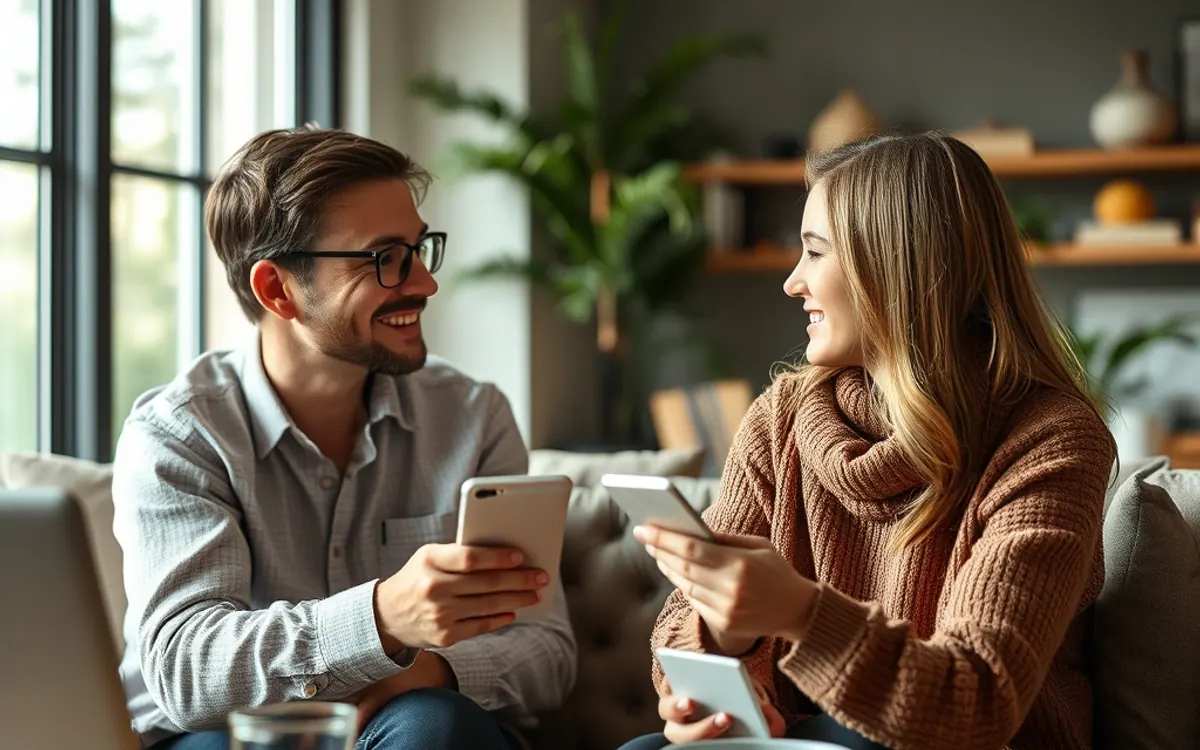 Casal sorridente no sofá usando celulares e tablet, ambiente doméstico com janela e planta.