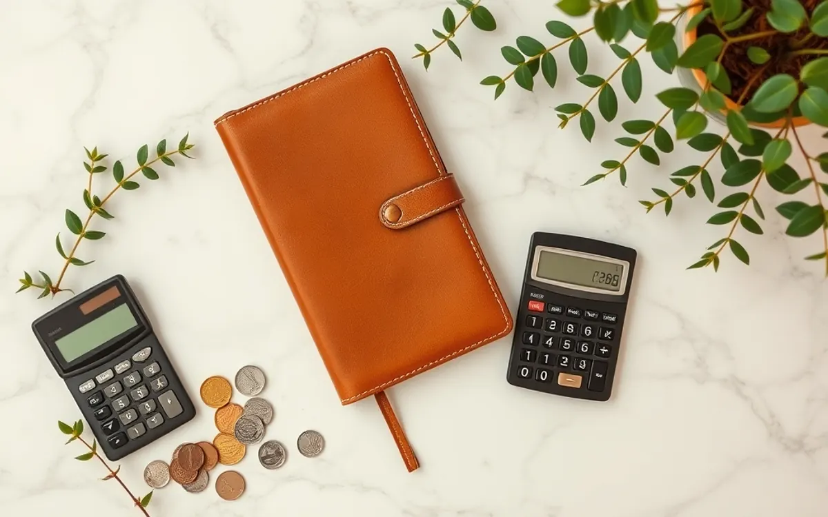 Caderno de couro, duas calculadoras e moedas sobre fundo de mármore com folhas.