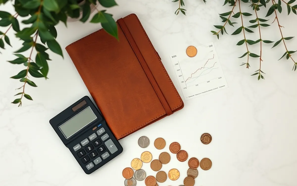 Calculadora, caderno marrom, moedas e gráfico sobre superfície branca com folhas verdes.